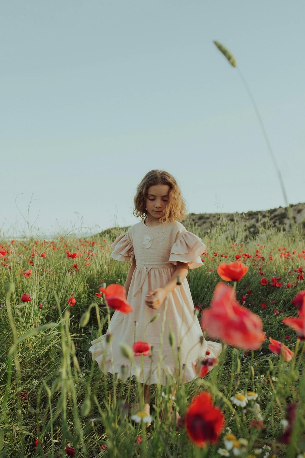 Pink organic dress with embroidered yoke and appliqué-Popelin